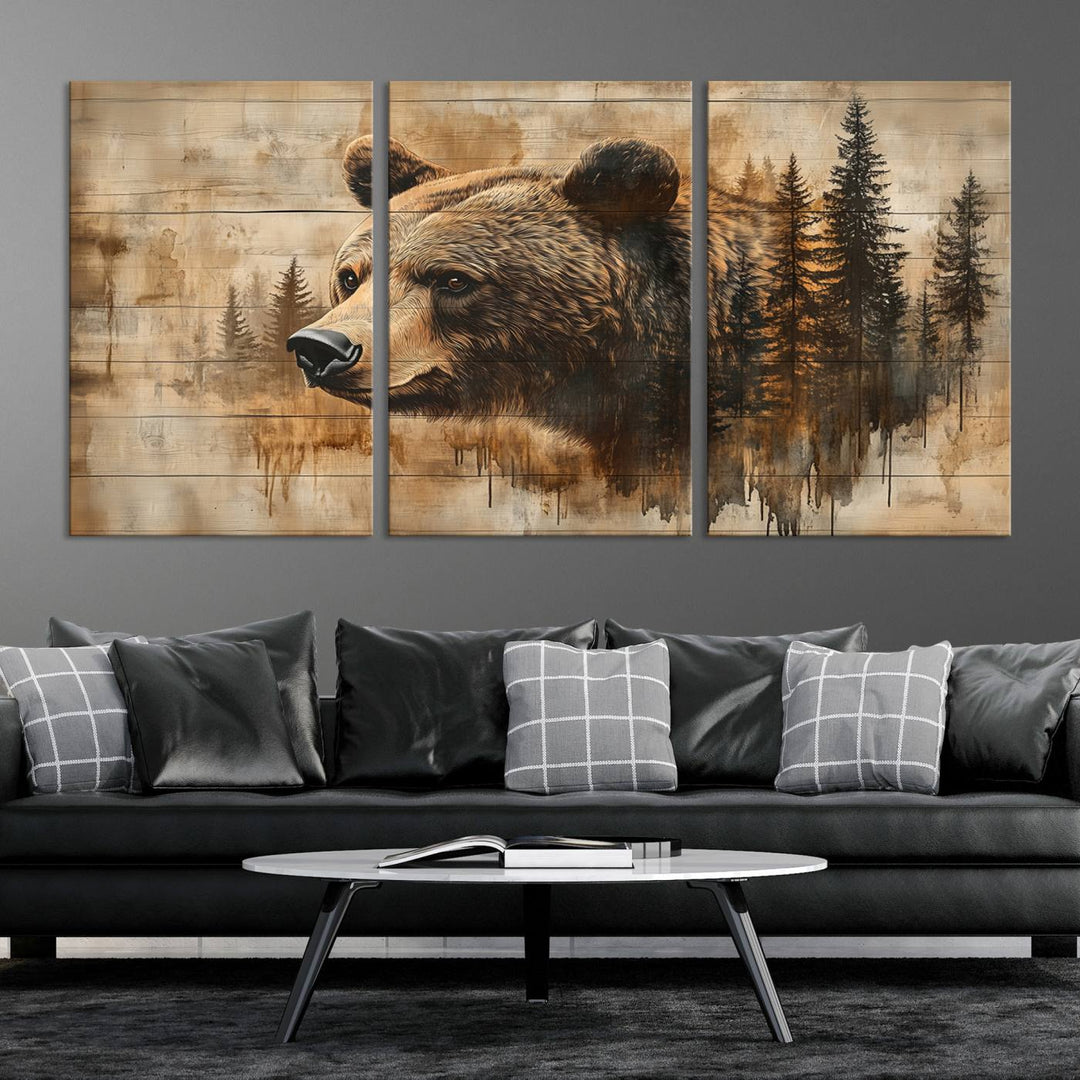 Abstract Rustic Grizzly Bear Wall Art Canvas Print - Woodland Wildlife Forest Print for Farmhouse Decor