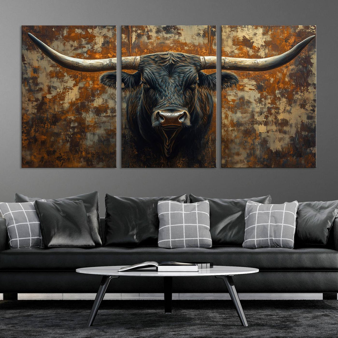 Abstract Longhorn Texas Bull Wall Art | Rustic Farmhouse Canvas Print | Ready to Hang Barn Decor for Farmhouse and Cabin Style