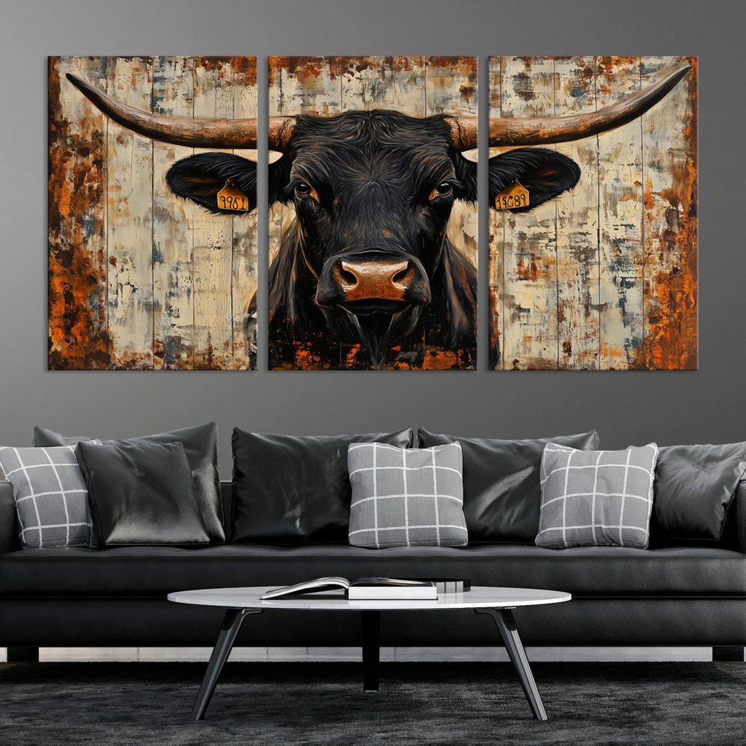 Abstract Cow Longhorn Bull Wall Art Canvas Print - Rustic Texas Western Cattle Artwork