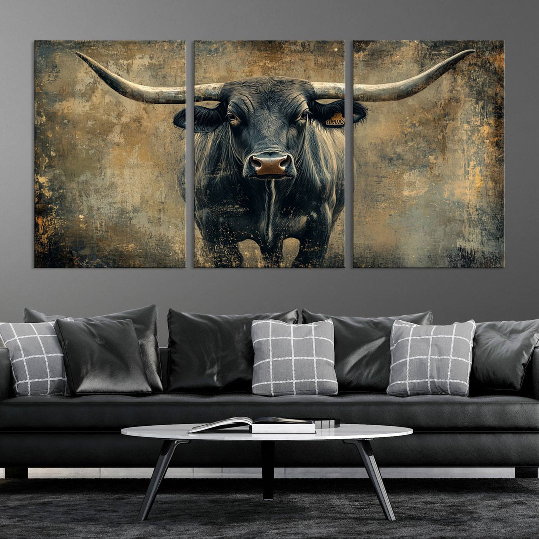 Abstract Cow Longhorn Bull Wall Art Canvas Print - Rustic Texas Western Cattle Artwork