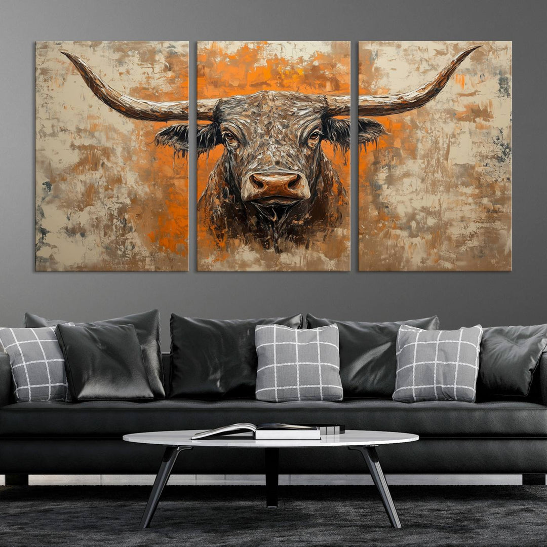 Abstract Cow Longhorn Bull Wall Art Canvas Print - Rustic Texas Western Cattle Artwork