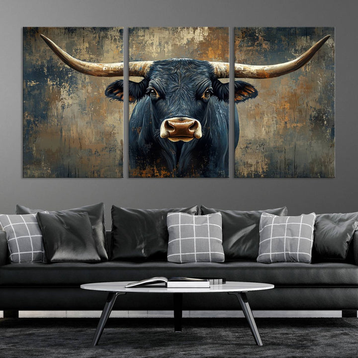 Abstract Cow Longhorn Bull Wall Art Canvas Print - Rustic Texas Western Cattle Artwork