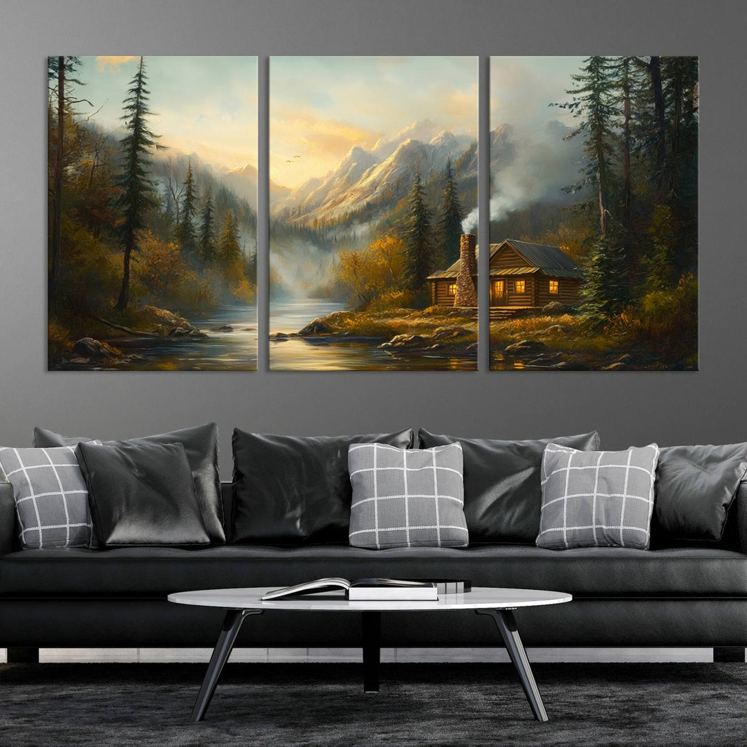 Wood Cabin Retreat Mountain at Sunset Wall Art Print - Serene Forest and River Landscape Wall Art Canvas Print