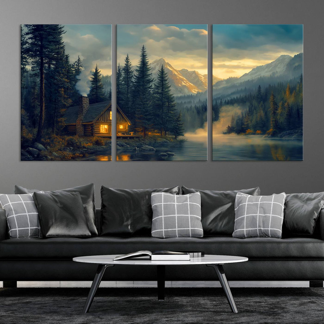 Mountain Cabin by the Lake at Sunset Wall Art - Serene Nature Canvas Print for Living Room Decor, Rustic Lodge Ambiance, 3-Panel Large Wall Art