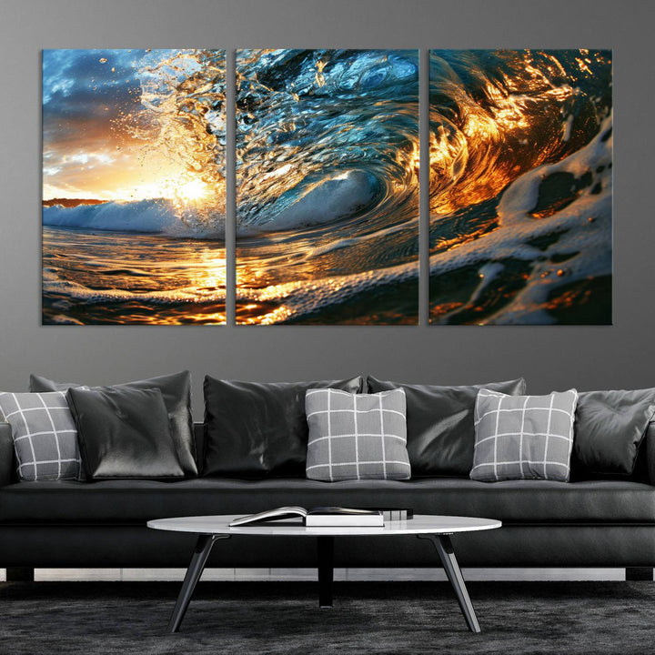 Ocean Wave at Sunset Wall Art | Ready to Hang Triptych Canvas Print | Coastal Wall Art for Living Room | Nautical and Beach House Decor