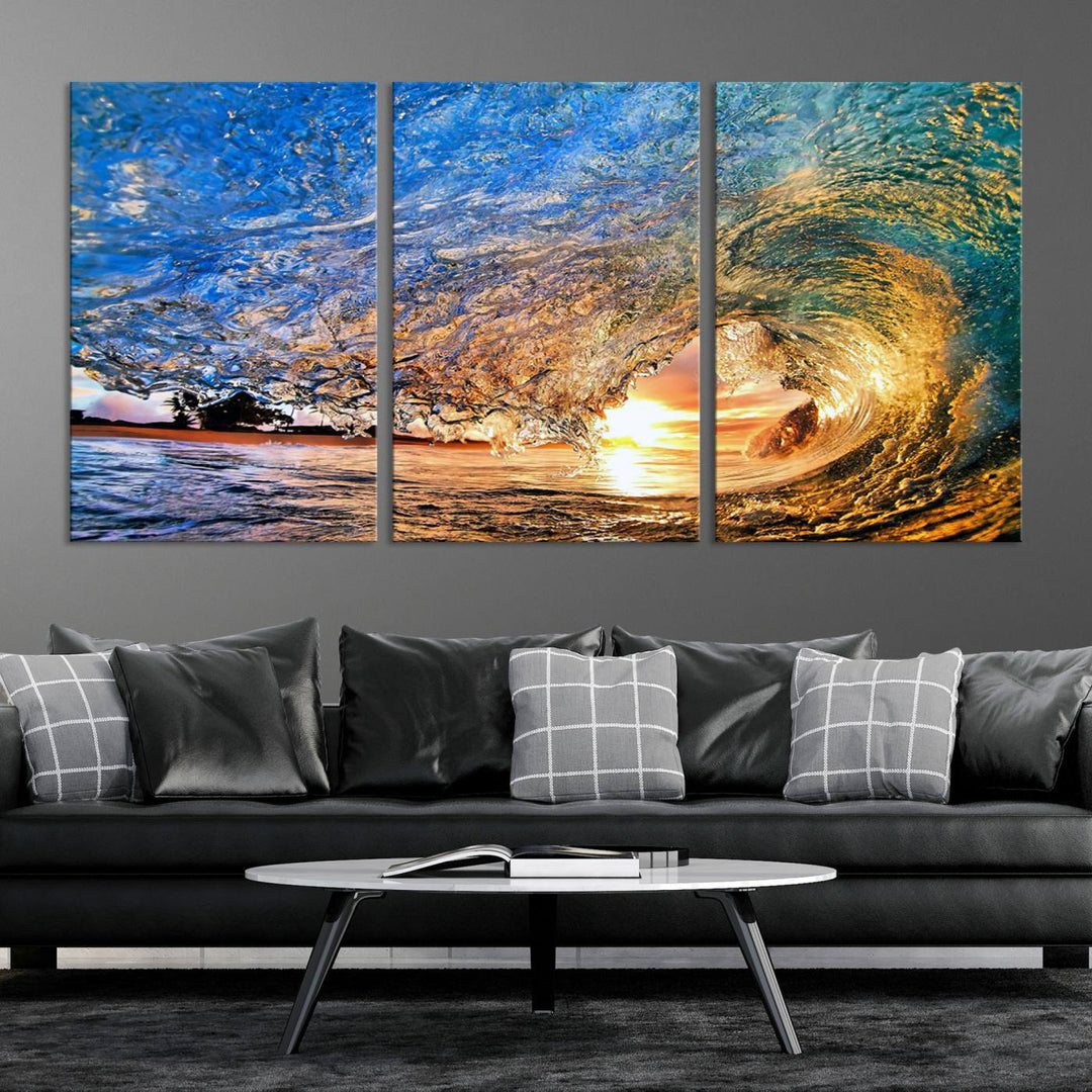 Ocean Wave at Sunset Canvas Print | Large Coastal Ocean Wall Art Print | Vibrant Beach Waves Art Print | Surf Lover Gift | Nautical Decor