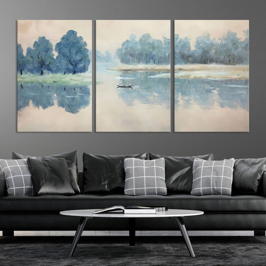 Landscape Printing Lake and Boat Scene | Serene Landscape Wall Art for Nature Lovers | Ready to Hang Triptych Canvas Print | Peaceful Blue Trees and Water Reflection Decor