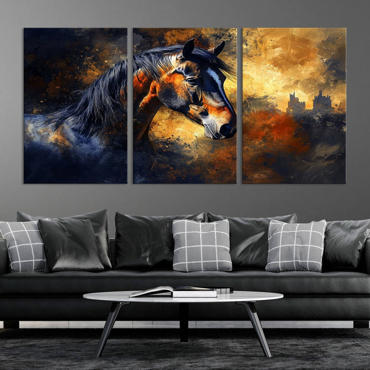 Abstract Horse Art Print on canvas, featuring a colorful background, perfect for rustic farmhouse or equestrian decor.