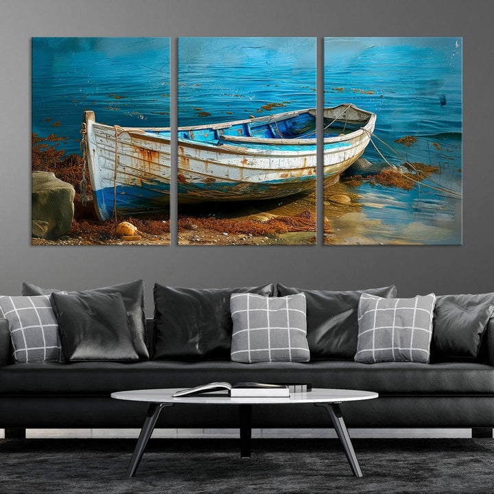 Vintage boat on tranquil waters—rustic triptych canvas print ideal for nautical or coastal wall art.