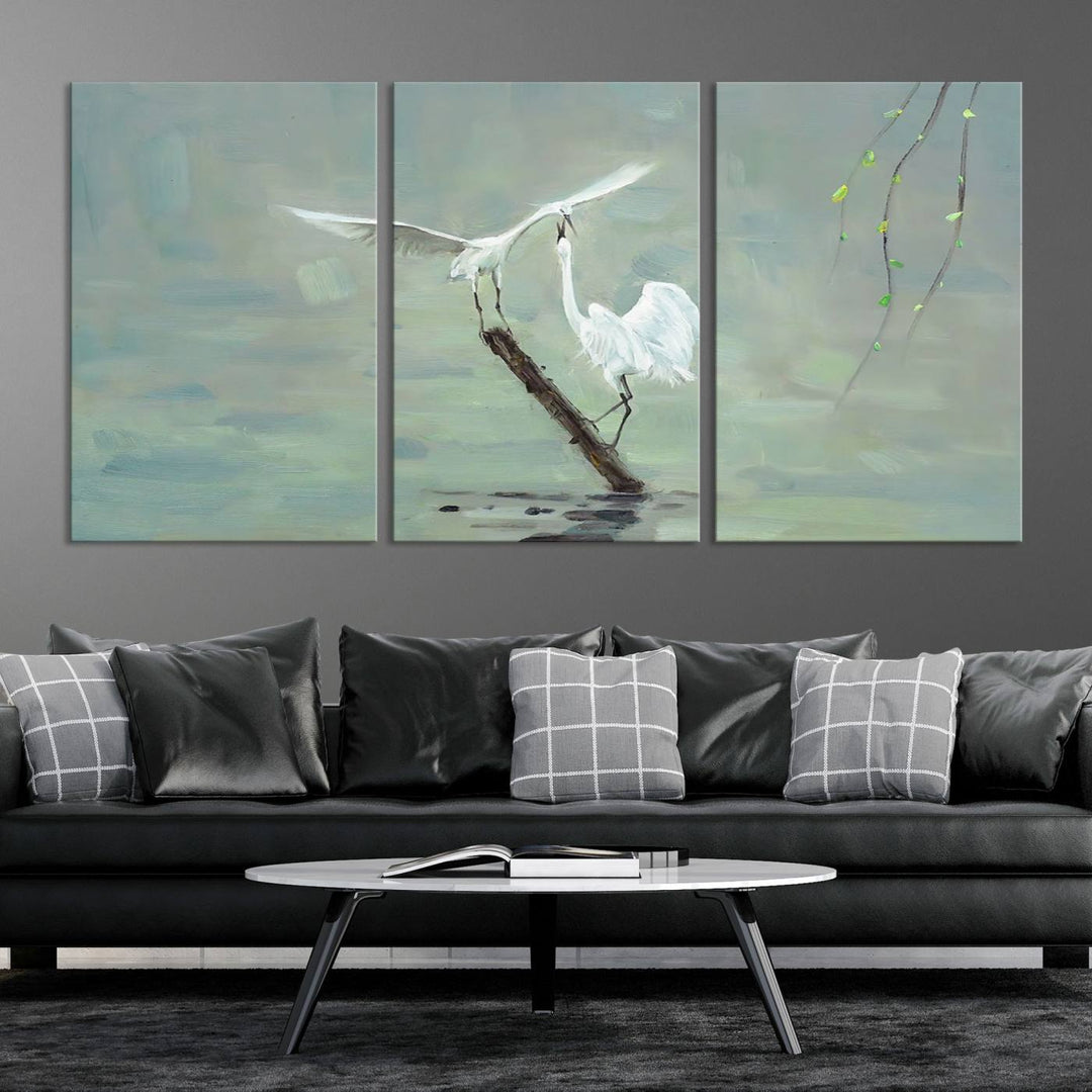 Elegant White Herons on Calm Waters | Coastal Wall Art for Nature-Inspired Decor | Serene Triptych Canvas Print | Ready to Hang Bird-Themed Art for Home Decor