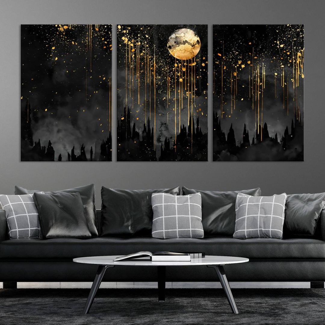 Gold Moon and Black Skyline Abstract Wall Art | Dark Modern Canvas Print with Dripping Gold Accents | Triptych Contemporary Homes