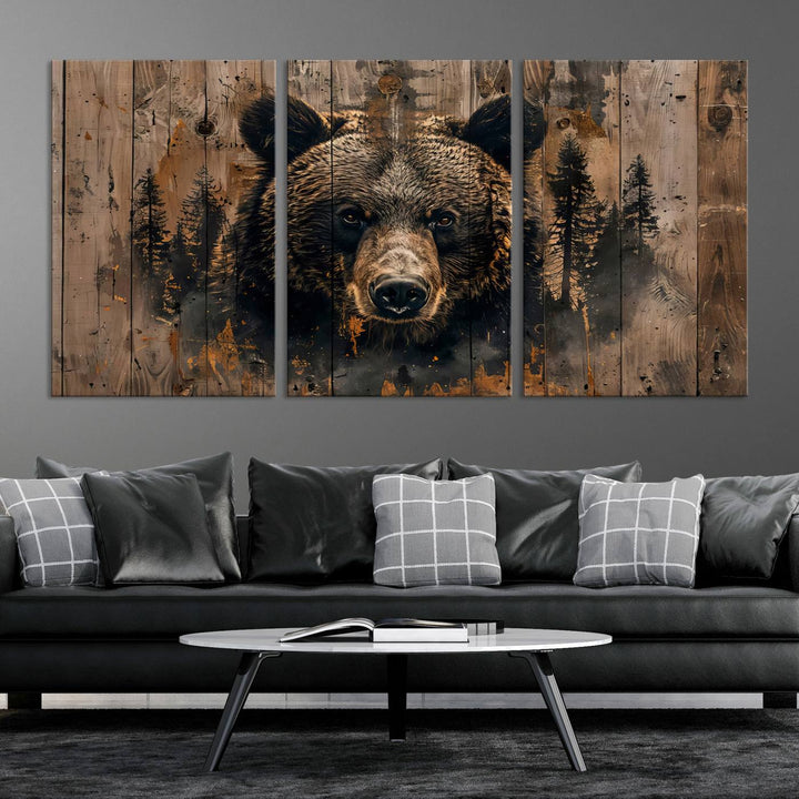 Rustic Bear Wall Art | Triptych Canvas Print | Rustic Cabin Wall Decor | Forest-Inspired Animal Art | Perfect for Farmhouse or Woodland Print