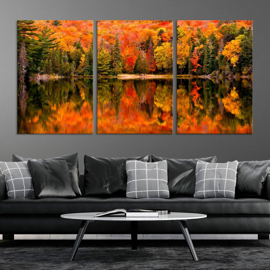 Autumn Forest Reflection Wall Art | Triptych Canvas Print | Vibrant Fall Foliage Wall Decor | Nature-Inspired Cabin Wall Art for Living Room