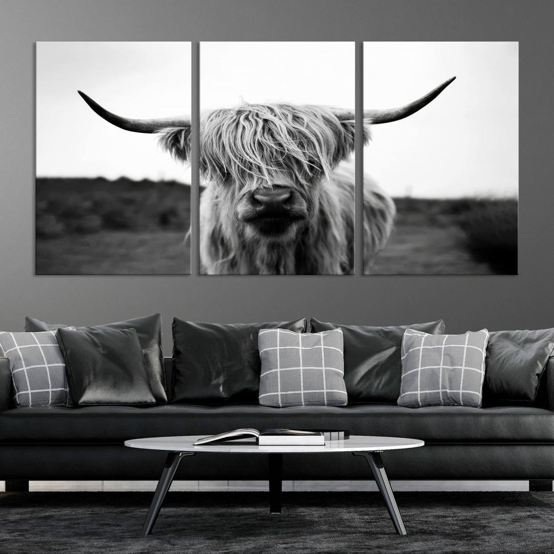 Highland Cow Wall Art | Black and White Farmhouse Decor | Ready to Hang Triptych Canvas Print | Rustic Barn Decor | Scottish Highland Cattle Art Print