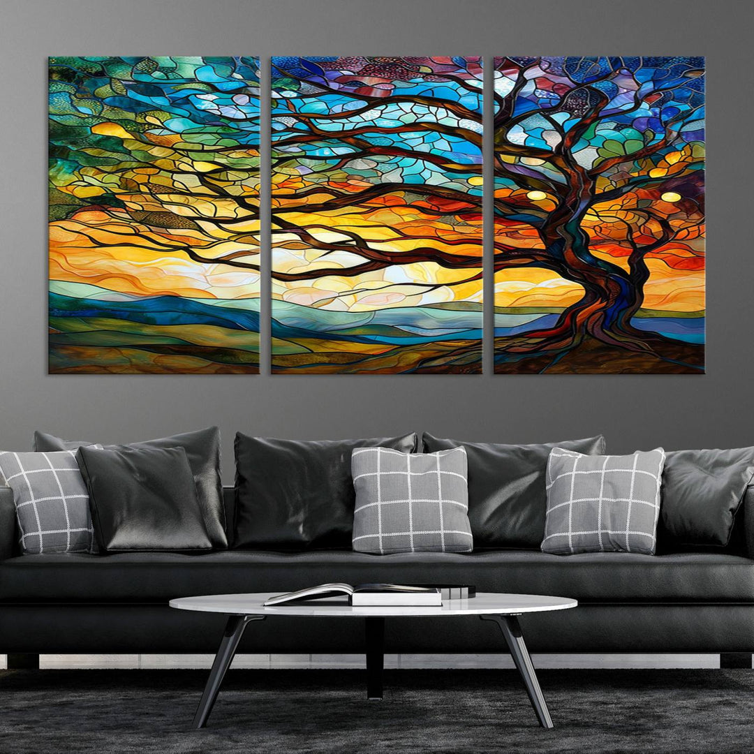 Vibrant Mosaic Tree of Life Wall Art | Stained Glass Style Canvas Print | Ready to Hang Artistic Decor