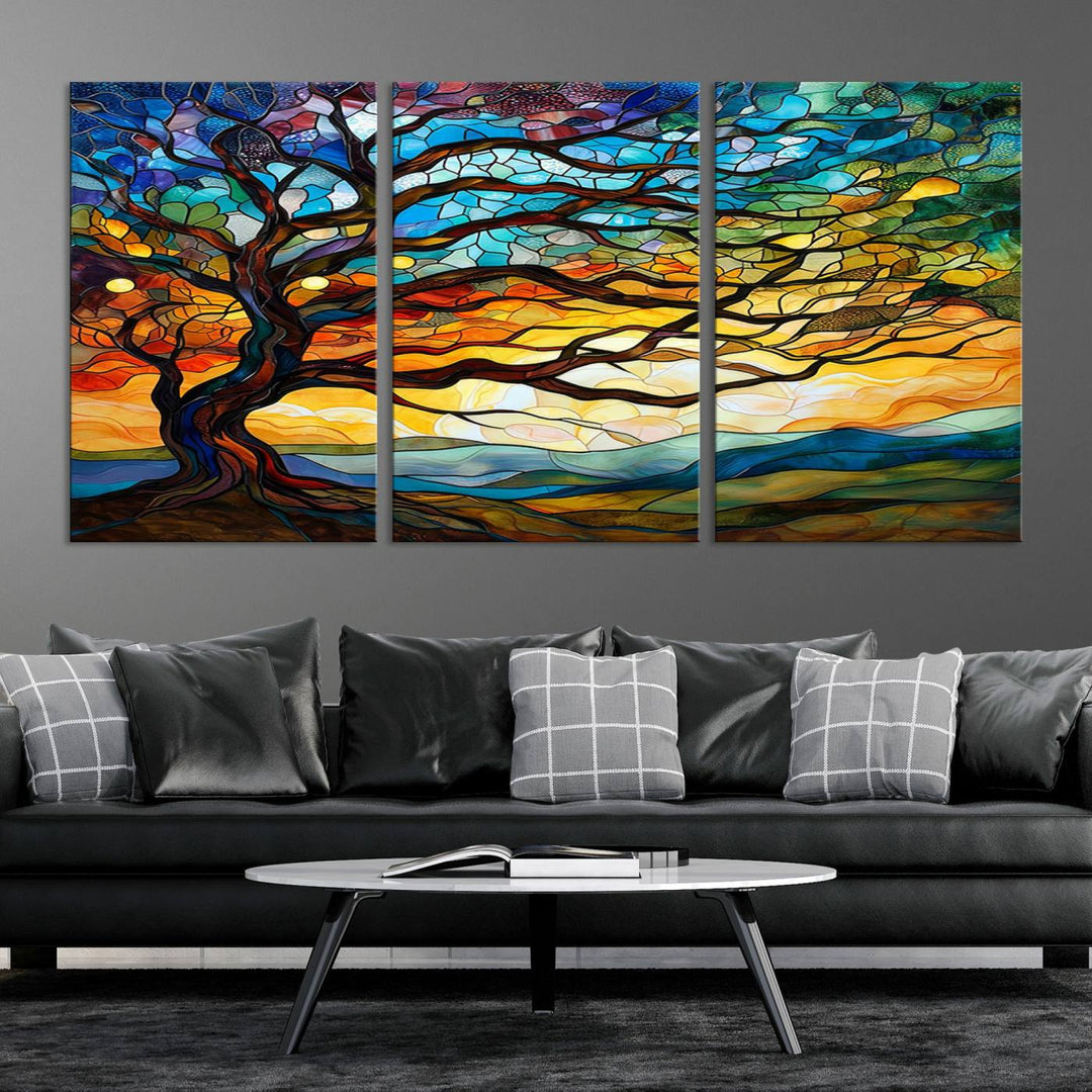 Mosaic Tree Wall Art | Ready to Hang Stained Glass Style Canvas Print | Farmhouse Wall Decor, Cabin Wall Art, and Unique Nature Home Decor