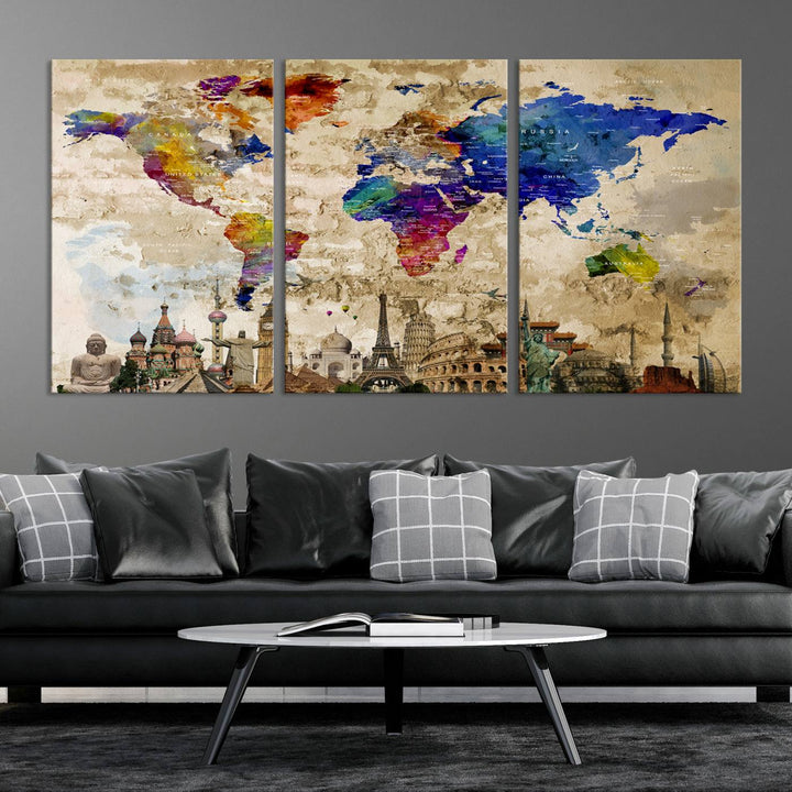 Framed World Map Canvas Print with Landmarks | Multi-Panel Wall Art | Ready to Hang Decor for Living Room, Office | Global Travel Wall Art | Vibrant Landmark Design