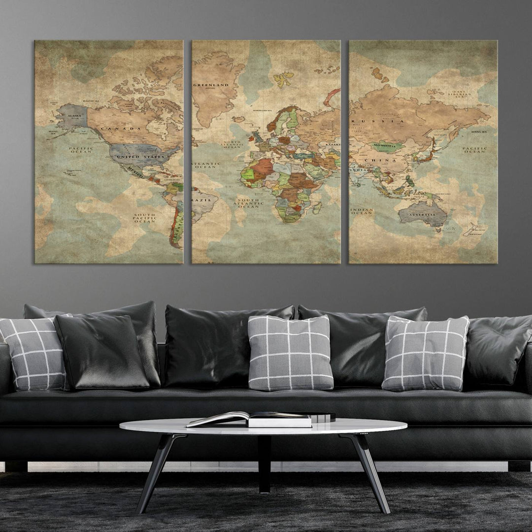 Vintage World Map Canvas Wall Art – Antique Triptych Map Print – Rustic Global Decor for Living Room or Office – Ready to Hang