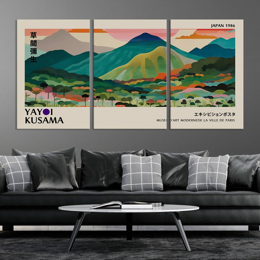 Vibrant abstract world map print featuring mountains and trees, including the text Yayoi Kusama and Japan 1986.