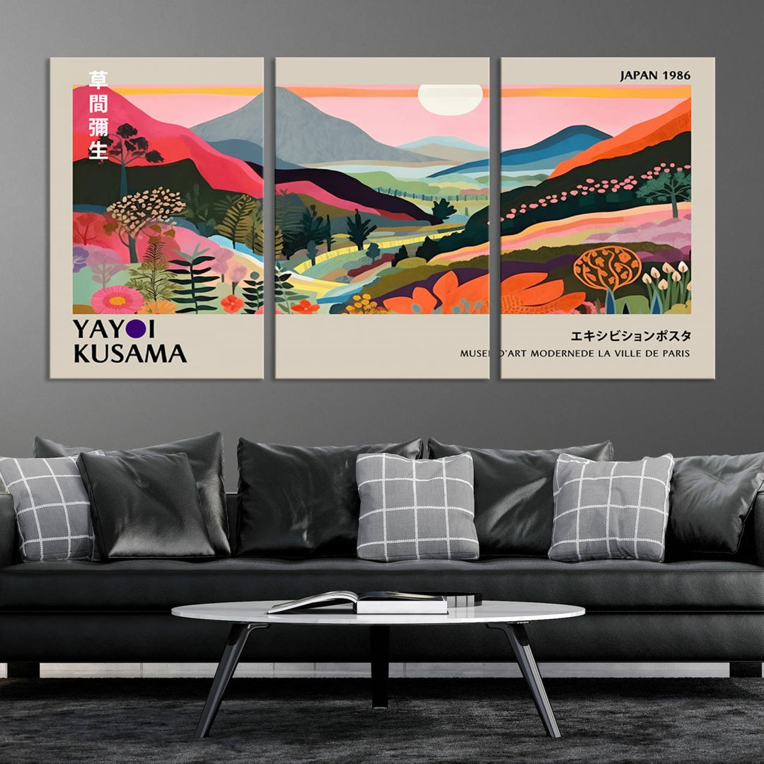 Vibrant abstract landscape canvas inspired by Yayoi Kusama, featuring mountains, trees, and flowers in a triptych style.