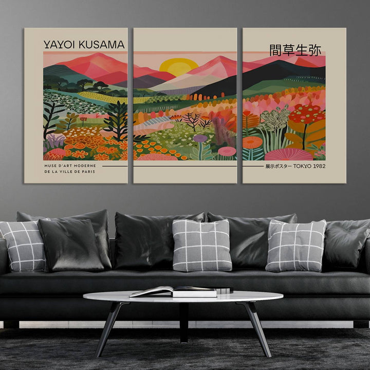 A vibrant abstract triptych features mountains, a sun, and plants in Yayoi Kusamas style with Japanese and French text included.