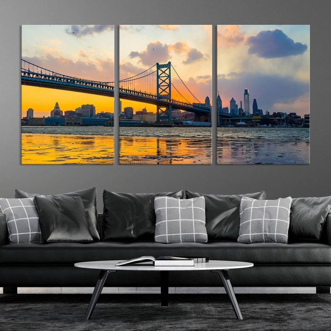 Ben Franklin Bridge Wall Art Print – Philadelphia Skyline Sunset Canvas Print.