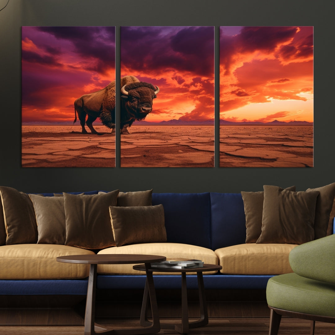 Alone Buffalo on Red Sunset Wall Art Canvas Print