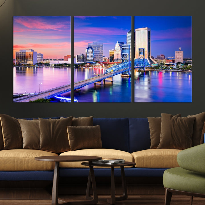 The Jacksonville Wall Art Canvas Print, showcasing the Jacksonville cityscape over a river at sunset, is elegantly crafted on museum-quality canvas with a UV-protective coating. Ready to hang, it elevates your space with its sophisticated charm.