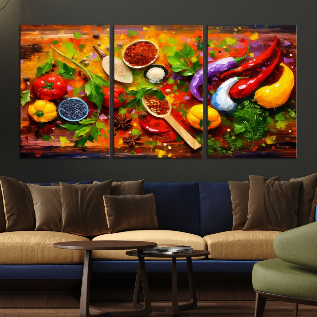 The "Herbs and Spices Culinary Art Foodie Kitchen Art" is a vibrant three-panel painting depicting various vegetables and spices on a wooden background, crafted on museum-quality canvas.