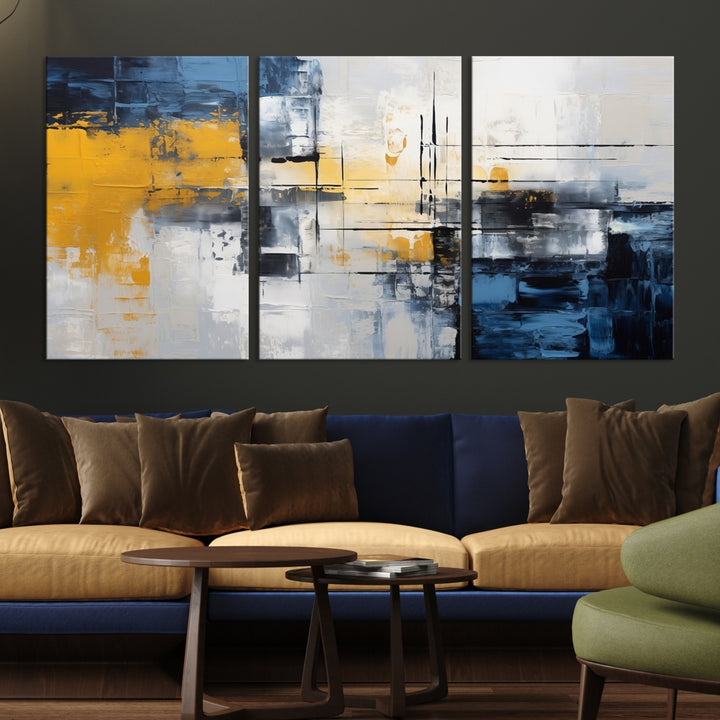 The Yellow Orange Blue Abstract Wall Art Print on gallery-wrapped, museum-quality canvases adds a vibrant touch to the room.