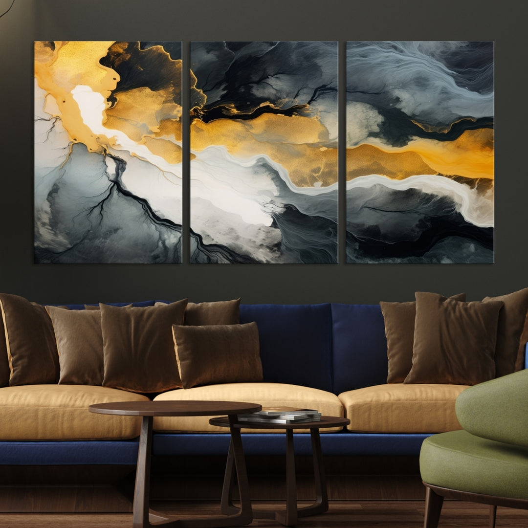 The Smoke Gray Green Golden Abstract Contemporary Art Canvas beautifully enhances a modern living room. Created on museum-quality canvas, this ready-to-hang artwork guarantees longevity and sophistication, perfectly aligning with the contemporary aesthetic.