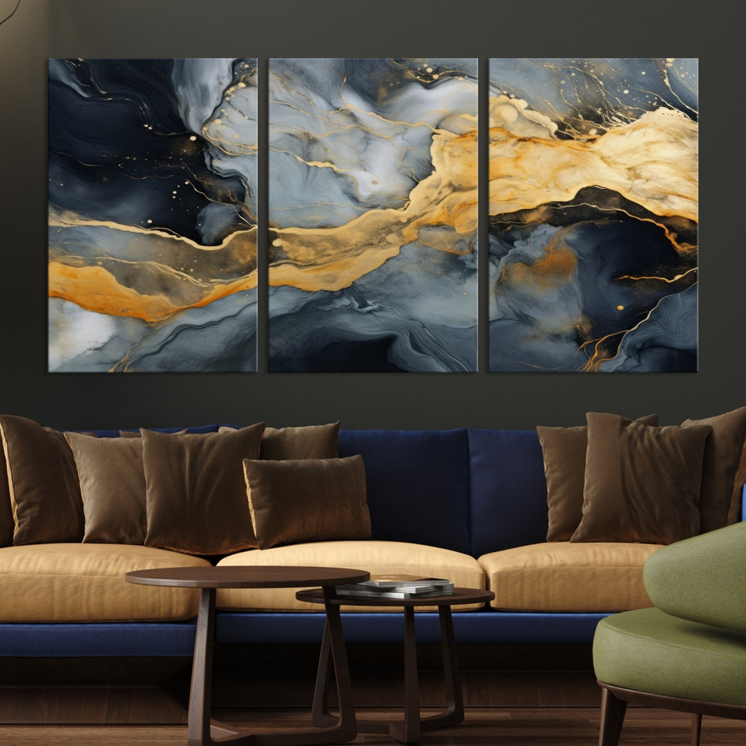 The living room features the Golden Gray Abstract Wall Art Print Contemporary Art Canvas Design, a triptych showcasing gold, black, and gray swirls. Crafted on museum-quality canvas and ready to hang, this piece is designed for elegance and durability.