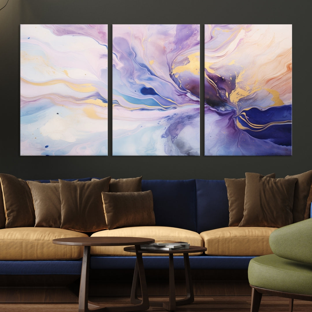 In the modern living room, a captivating Purple Color Abstract Wall Art Print graces the walls, mounted on museum-quality canvas, infusing the space with an artistic flair.