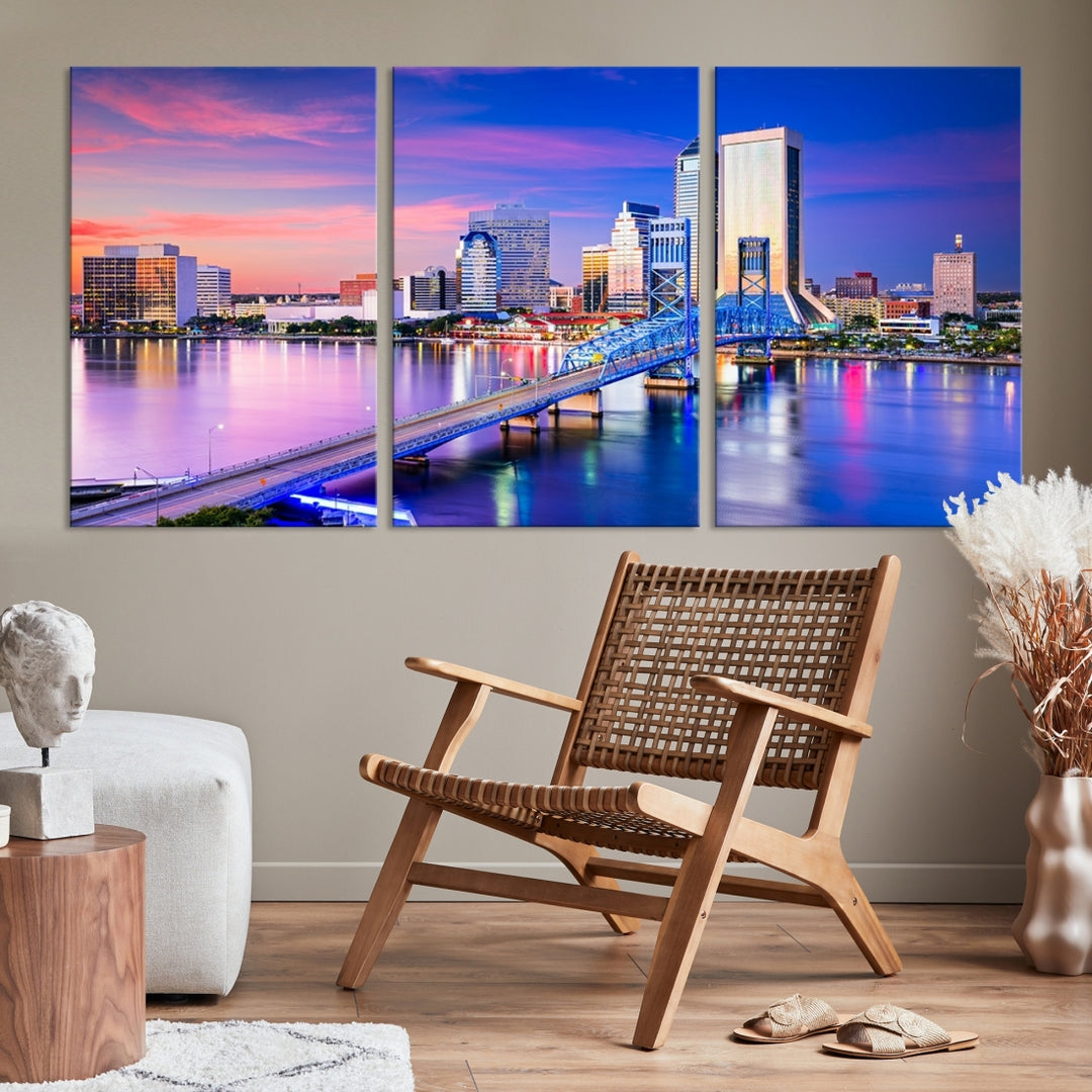 The Jacksonville Wall Art Canvas Print, showcasing the Jacksonville cityscape over a river at sunset, is elegantly crafted on museum-quality canvas with a UV-protective coating. Ready to hang, it elevates your space with its sophisticated charm.