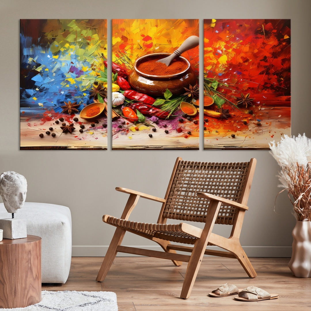 The Abstract Spoonful of Spice Art Print Kitchen Herbs and Spices, a triptych featuring colorful spices and a wooden bowl printed on museum-quality canvas, is ready to hang.