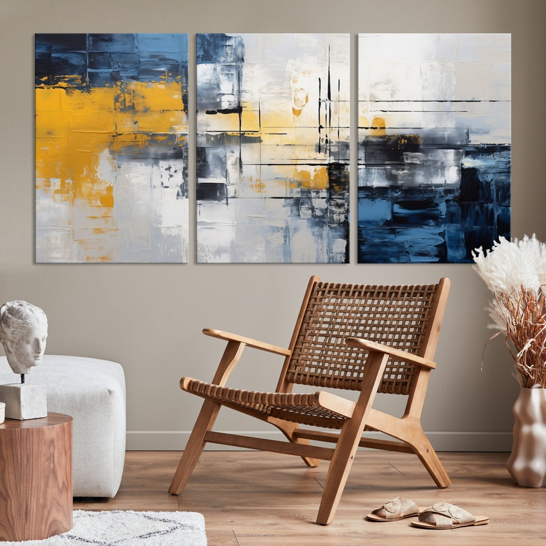 The Yellow Orange Blue Abstract Wall Art Print on gallery-wrapped, museum-quality canvases adds a vibrant touch to the room.