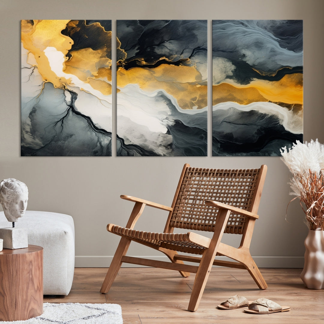 The Smoke Gray Green Golden Abstract Contemporary Art Canvas beautifully enhances a modern living room. Created on museum-quality canvas, this ready-to-hang artwork guarantees longevity and sophistication, perfectly aligning with the contemporary aesthetic.