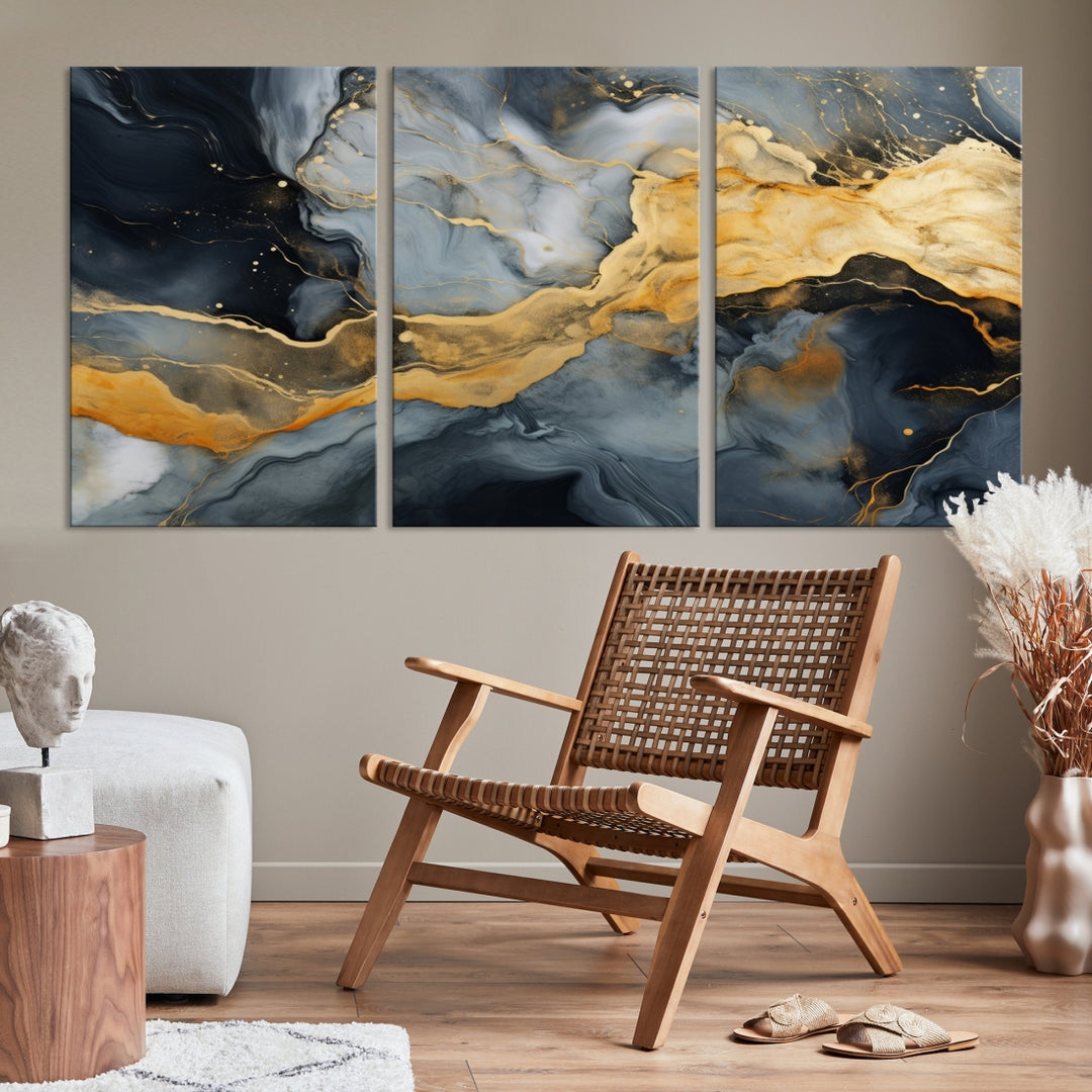 The living room features the Golden Gray Abstract Wall Art Print Contemporary Art Canvas Design, a triptych showcasing gold, black, and gray swirls. Crafted on museum-quality canvas and ready to hang, this piece is designed for elegance and durability.