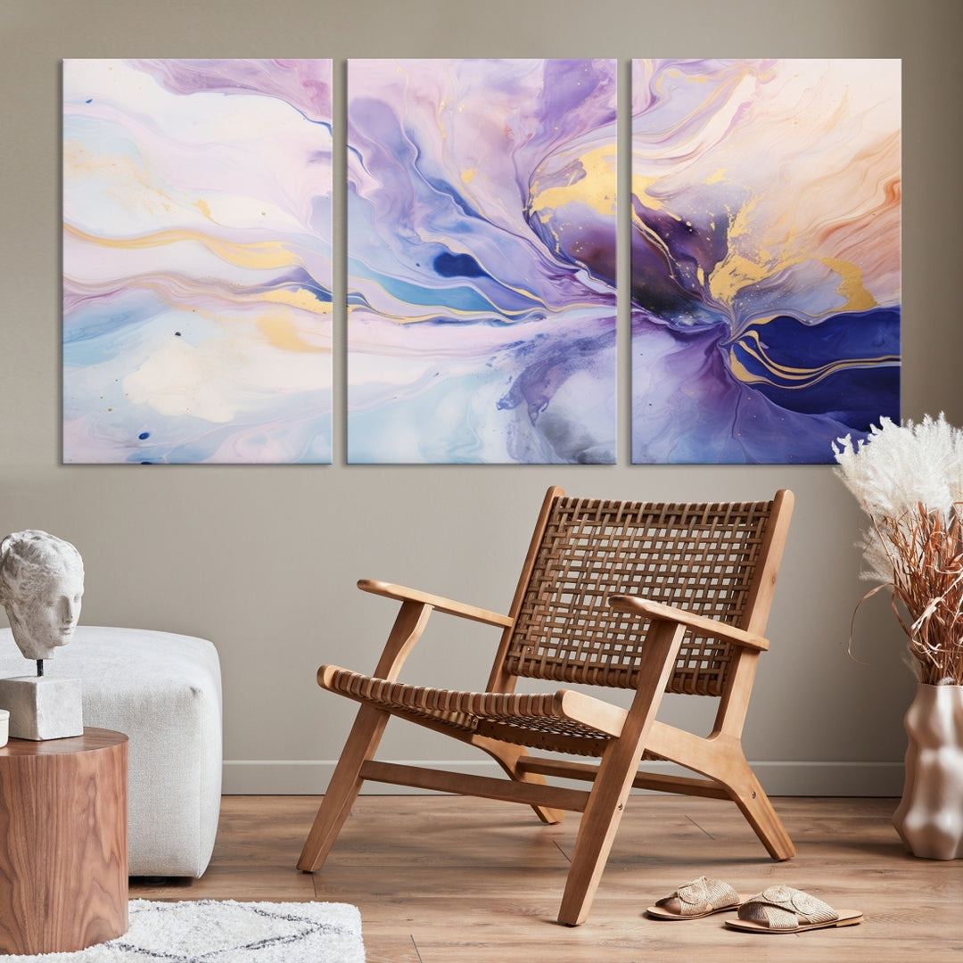 In the modern living room, a captivating Purple Color Abstract Wall Art Print graces the walls, mounted on museum-quality canvas, infusing the space with an artistic flair.