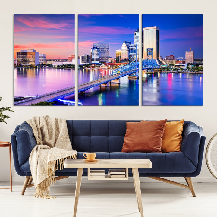 The Jacksonville Wall Art Canvas Print, showcasing the Jacksonville cityscape over a river at sunset, is elegantly crafted on museum-quality canvas with a UV-protective coating. Ready to hang, it elevates your space with its sophisticated charm.