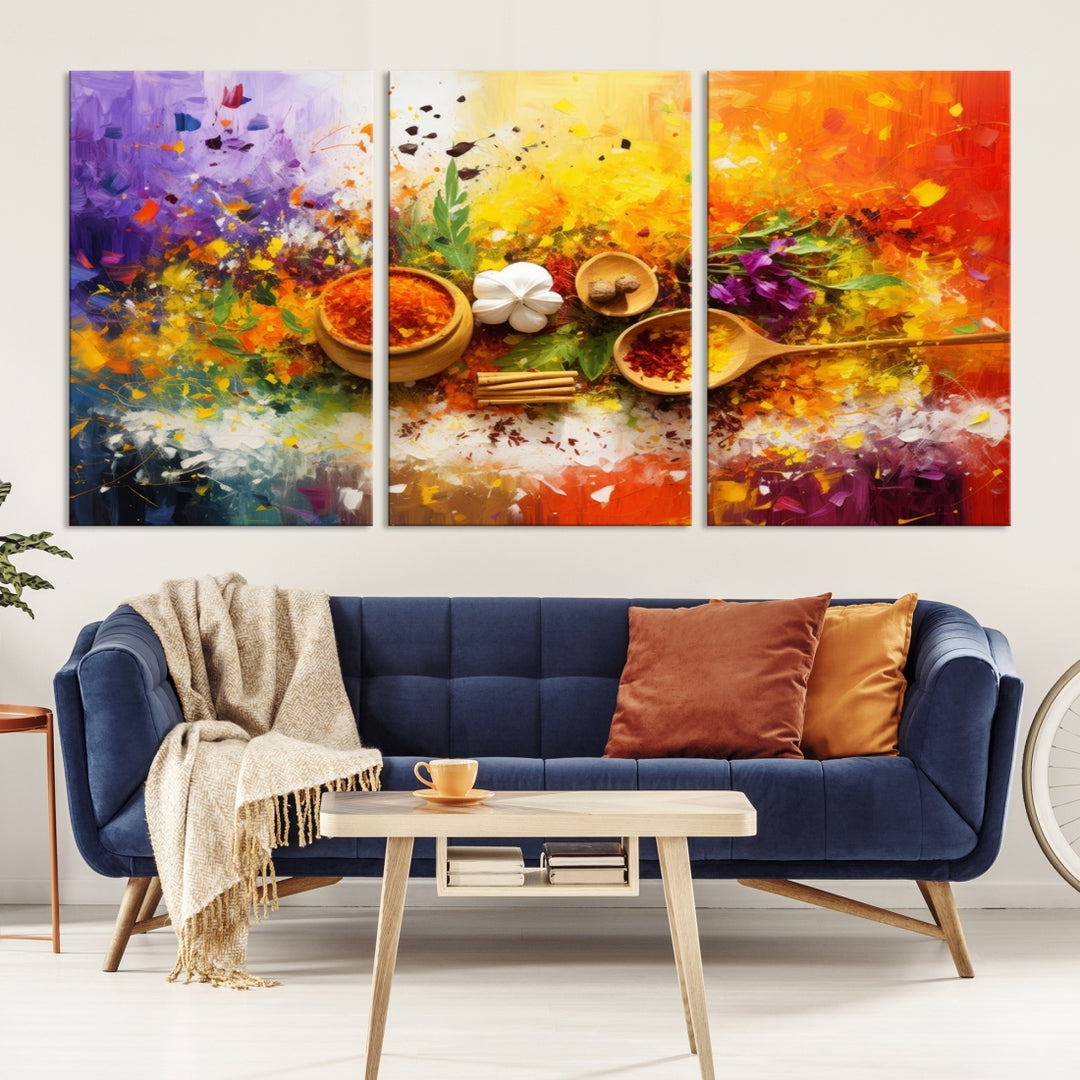 The Abstract Spoonful of Spice Art Print Kitchen Wall, featuring a colorful triptych design of spices and herbs on museum-quality canvas with a UV-protective coating, enhances the modern living room. It's ready to hang, adding a vibrant touch to the space.