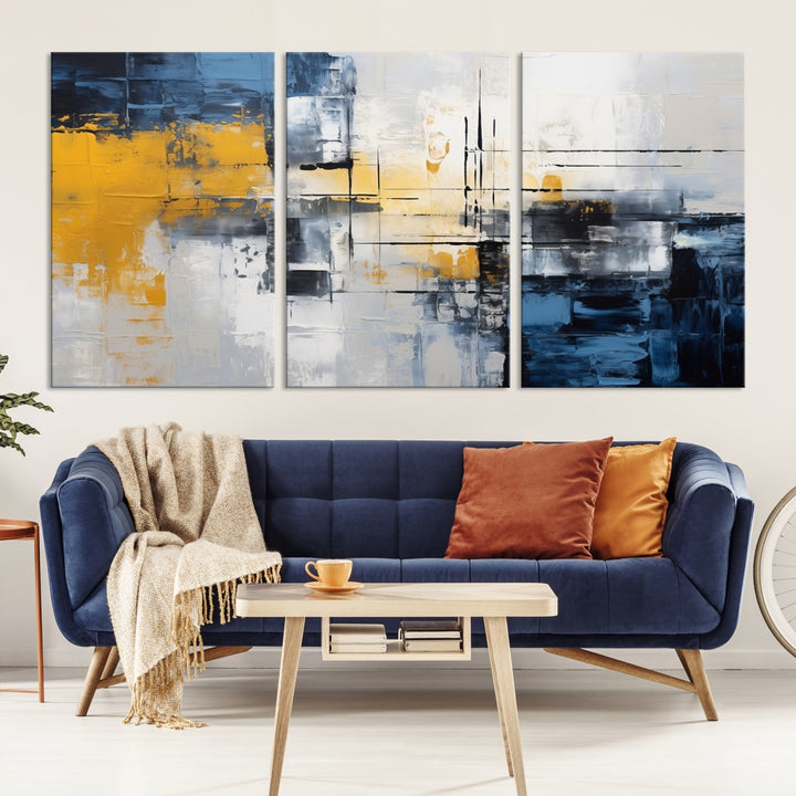 The Yellow Orange Blue Abstract Wall Art Print on gallery-wrapped, museum-quality canvases adds a vibrant touch to the room.