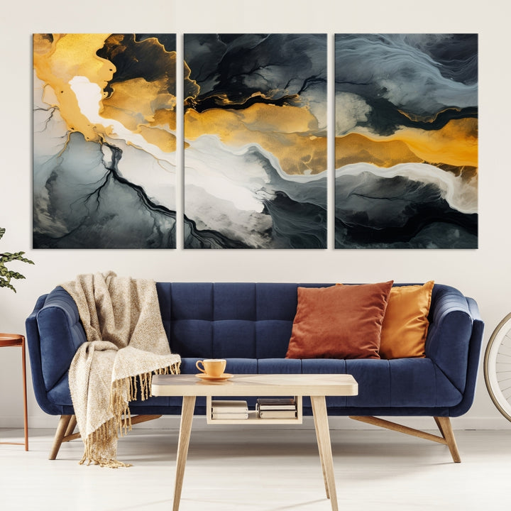 The Smoke Gray Green Golden Abstract Contemporary Art Canvas beautifully enhances a modern living room. Created on museum-quality canvas, this ready-to-hang artwork guarantees longevity and sophistication, perfectly aligning with the contemporary aesthetic.