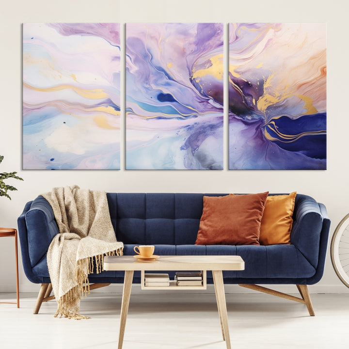 In the modern living room, a captivating Purple Color Abstract Wall Art Print graces the walls, mounted on museum-quality canvas, infusing the space with an artistic flair.