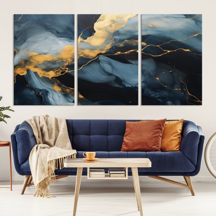 Contemporary artwork print featuring abstract blue and gold swirls on gallery wrapped, museum-quality canvas.