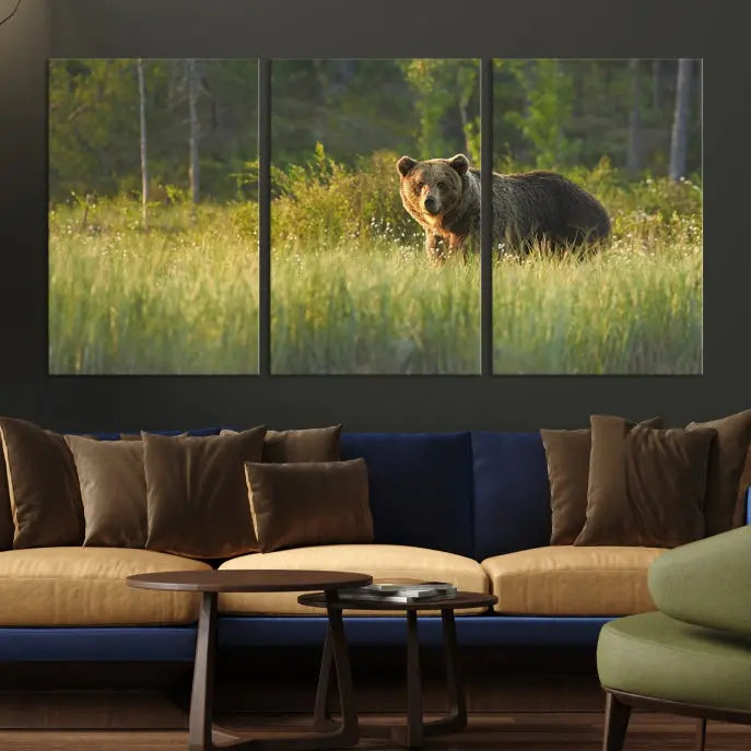 A museum-quality triptych wall art, titled "Wild Bears in Nature Canvas Print," elegantly decorates the living room.