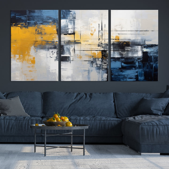 The Yellow Orange Blue Abstract Wall Art Print on gallery-wrapped, museum-quality canvases adds a vibrant touch to the room.