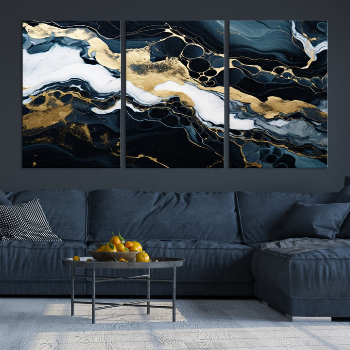 Fluid Marble Abstract Wall Art Print, a contemporary piece with black, white, and gold swirls on museum-quality canvas.