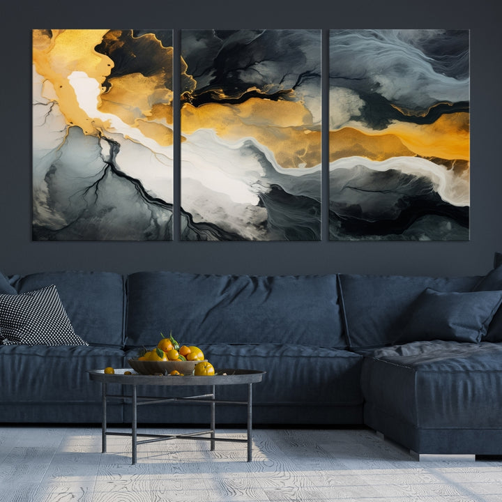 The Smoke Gray Green Golden Abstract Contemporary Art Canvas beautifully enhances a modern living room. Created on museum-quality canvas, this ready-to-hang artwork guarantees longevity and sophistication, perfectly aligning with the contemporary aesthetic.