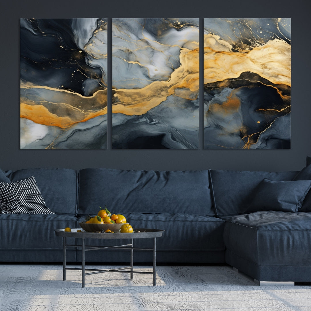 The living room features the Golden Gray Abstract Wall Art Print Contemporary Art Canvas Design, a triptych showcasing gold, black, and gray swirls. Crafted on museum-quality canvas and ready to hang, this piece is designed for elegance and durability.